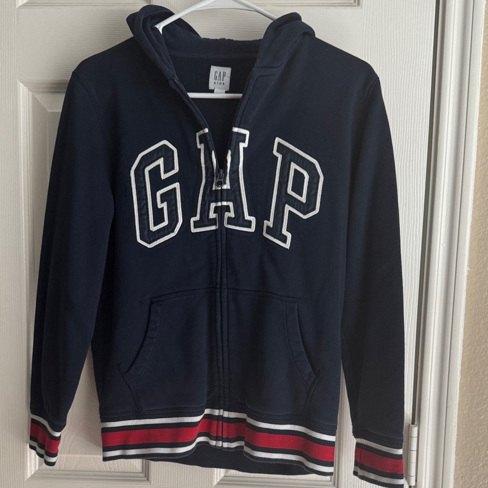 GAP Kids Navy Zip-Up Hoodie with Red and White Stripes